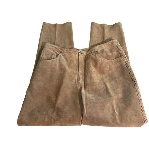 Vintage Chicos Design Womens Tan 100% Suede Straight Leg Pants Sz 33 Waist - Picture 3 of 8